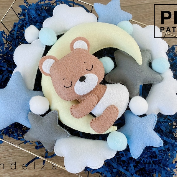 Set of 4 baby bear sleeping on the moon PDF Pattern. DIY Baby bear, moon, star, cloud. Easy pattern. Baby mobile toy/ decoration.
