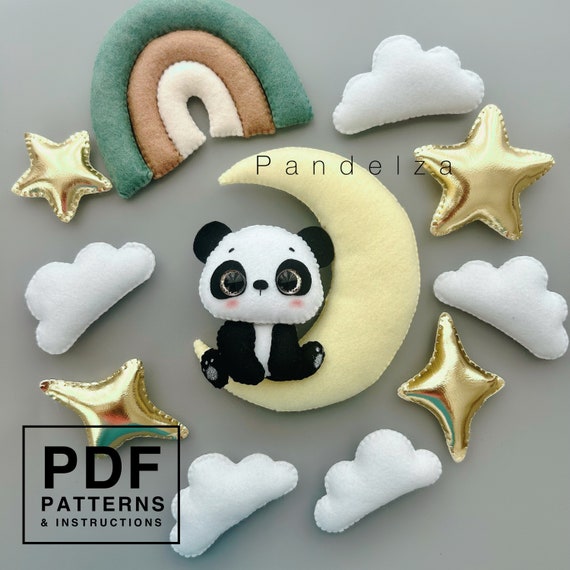 Panda sitting on the moon set PDF Patterns. DIY Baby bear, rainbow, moon, star, cloud. Easy pattern. DIY Baby mobile toy/ decoration.