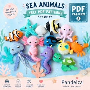 Set di 12 modelli PDF in feltro a forma di animali marini. Modelli per cucito a mano. Modelli per animali di peluche. Simpatici peluche in feltro. Giocattoli in feltro fai da te/Carillon per la cameretta...