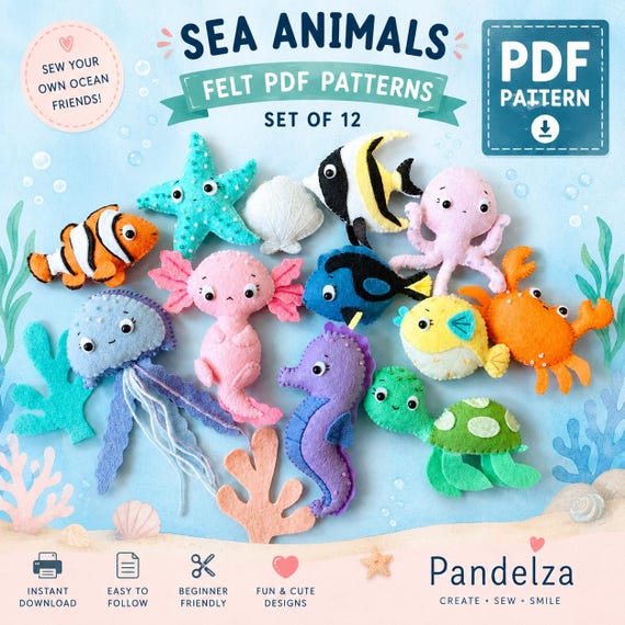 Sea animals PDF Felt Pattern set of 12. DIY sea creatures softy toy/ ornament/ keychain/baby mobile/ nursery. Easy patterns and tutorial.