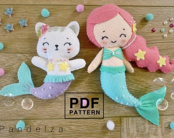 Mermaid girl and cat PDF Pattern. Hand sewing felt stuffed doll. DIY softy plush doll. Easy pattern with tutorial.