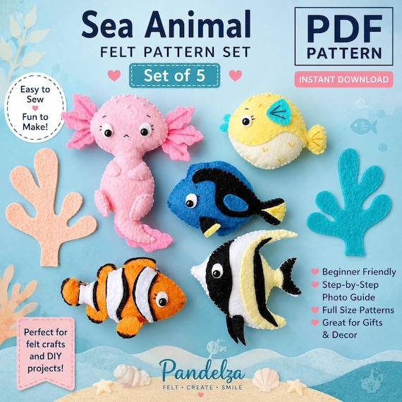 Sea Animals PDF Patterns Set of 6. Stuffed Animal Patterns. Ocean Animal Patterns. Cute Fish Felt Plush. DIY Felt Toys/ Mobile Nursery...