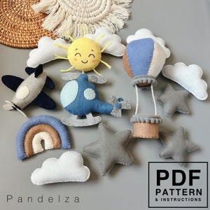Modello e istruzioni per mobile per neonati in feltro. Giocattolo fai da te in feltro/mobile per neonati/decorazione per la cameretta dei bambini. Aeroplano/elicottero/arcobaleno/mongolfiera/sole…
