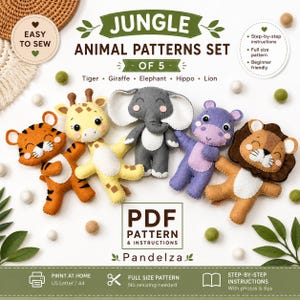 Juego de 5 patrones de costura de fieltro de animales de la selva. Patrones de animales de peluche. Patrones de juguetes de fieltro. Patrón PDF fácil. Adornos de peluche para hacer tú mismo.