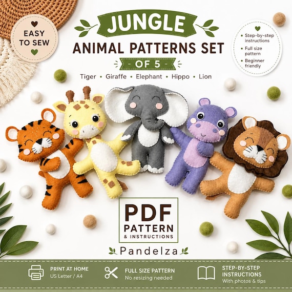 Jungle Animals Felt Sewing Pattern set of 5. Stuffed Animal Patterns. Felt Toy Patterns. Easy PDF Pattern. DIY Plush Toy Ornaments.