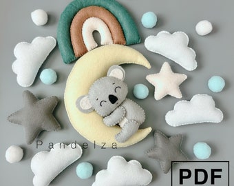 PDF Patrón Koala en la luna Set de costura en fieltro. Peluche de fieltro DIY/guirnalda/cuna móvil para bebé/adorno/corona. Patrón fácil arcoíris, estrella...