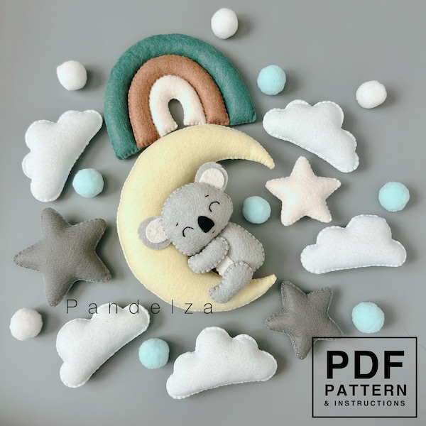 PDF Pattern Koala on the moon felt sewing set. DIY felt plushie/ garland/ baby mobile crib/ ornament/ wreath. Easy pattern rainbow, star...