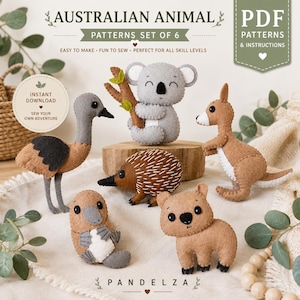 Australia Animals Sewing PDF Pattern set of 6. Felt Patterns. Felt stuffed toy. Stuffed Animals. DIY felt toys/Mobile/Garland/ Nursery Decor