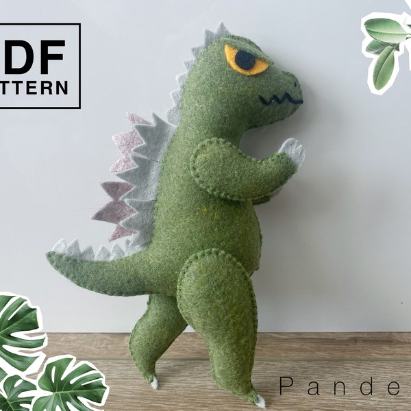 Godzilla felt PDF Pattern. DIY Softy plushie toys. Easy pattern with instruction step by step. Great DIY gift for kids.