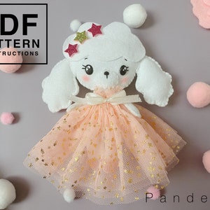 Poodle dog felt PDF pattern. Easy hand sewing pattern with tutorial step by step. DIY Poodle doll wearing party dress. image 3