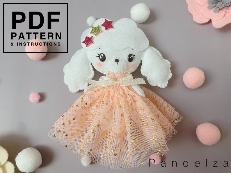 Poodle dog felt PDF pattern. Easy hand sewing pattern with tutorial step by step. DIY Poodle doll wearing party dress. image 3