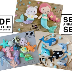 Conjunto completo de moldes em PDF de animais marinhos. Brinquedo de feltro fácil de costurar à mão. Ótimo presente de feltro faça você mesmo: móbile de bebê, berçário, enfeite, guirlanda.