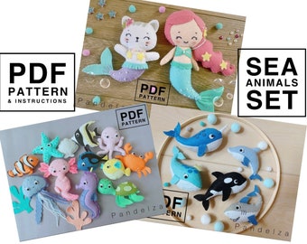 PDF Patterns Sea Animals Whole Set. Easy hand sewing felt toy. Great DIY felt gift softy plushie, baby mobile, nursery, ornament, garland.