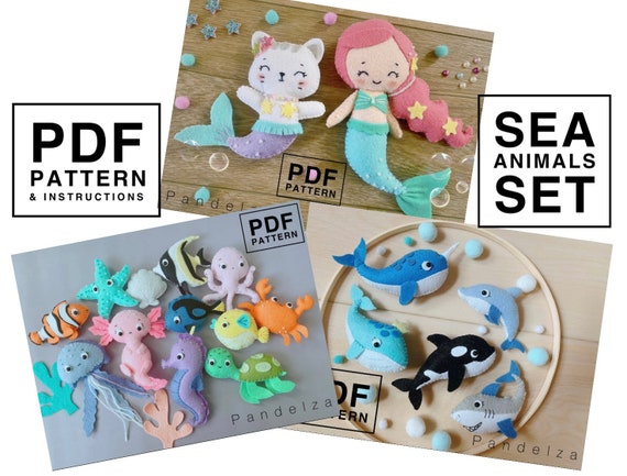PDF Patterns Sea Animals Whole Set. Easy hand sewing felt toy. Great DIY felt gift softy plushie, baby mobile, nursery, ornament, garland.