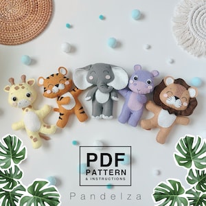 Jungle animals set of 5 felt Pattern and instructions. Easy DIY sewing plush toy/ decoration/ baby mobile/ ornament. Safari animals pattern.