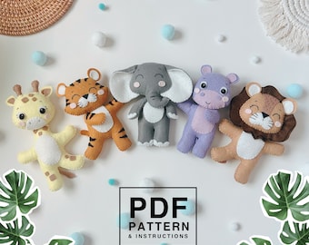 Jungle animals set of 5 felt Pattern and instructions. Easy DIY sewing plush toy/ decoration/ baby mobile/ ornament. Safari animals pattern.