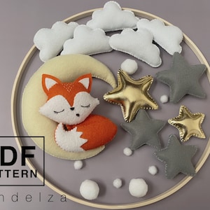 Fox on the moon set PDF modello e istruzioni passo dopo passo. Modello di cucito facile. Giocattolo mobile fai da te per bambini/peluche.