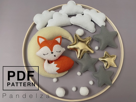 Fox on the moon set PDF Pattern and instructions step by step. Easy sewing pattern. DIY baby mobile toy/ plush.
