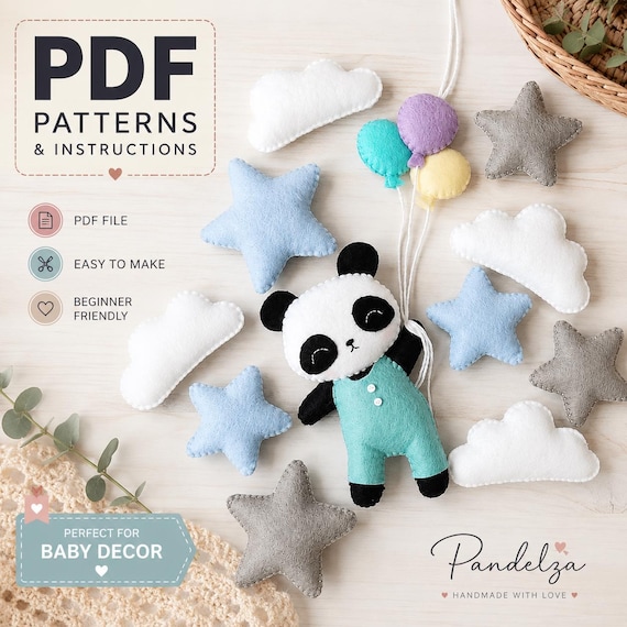 Felt Panda Set PDF Pattern. Sewing Pattern. Stuffed Animal Patterns. Cute felt Plush. Felt Panda Toys. DIY Felt Toys/ Nursery Mobile Toys.