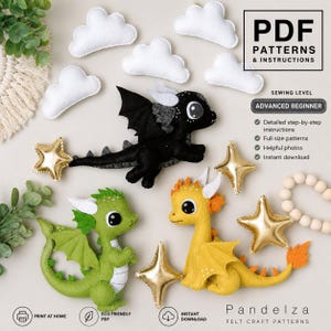 Pode incluir: Um conjunto de moldes de feltro com três dragões de pelúcia em preto, verde e amarelo, acompanhados por nuvens brancas e estrelas douradas metálicas. A imagem inclui o texto: PDF PATTERNS & INSTRUCTIONS, SEWING LEVEL ADVANCED BEGINNER.