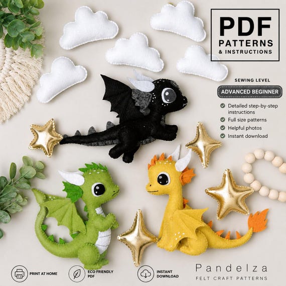 Felt Dragon Set Sewing Pattern. Felt Animal Patterns. Plush Animal Template. Toy Pattern. Stuffed animal. DIY felt toys/ mobile/ nursery toy