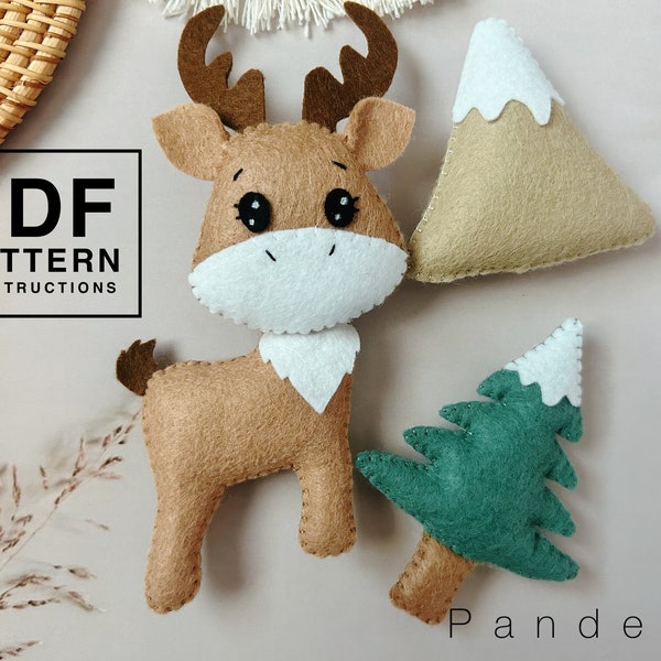 Reindeer, tree, mountain felt Pattern. Easy hand sewing arctic animal pattern. DIY toy plushie/ ornament/ garland/ baby mobile crib.