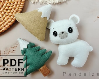 Polar bear, tree, mountain felt PDF pattern. Easy sewing arctic animal pattern. DIY toy plushie/ garland/ ornament/ baby mobile crib.