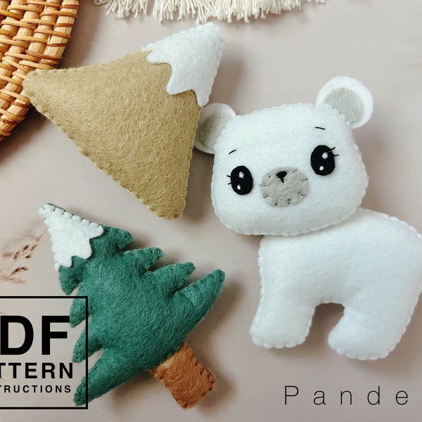 Polar bear, tree, mountain felt PDF pattern. Easy sewing arctic animal pattern. DIY toy plushie/ garland/ ornament/ baby mobile crib.