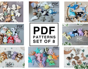 Felt sewing pattern animals set bundle. Easy hand sewing pattern. DIY toys/ baby mobile/ nursery/ ornament/ garland. Great DIY gift idea.