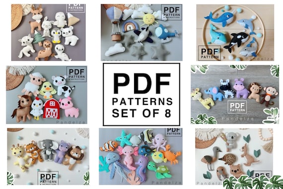 Felt sewing pattern animals set bundle. Easy hand sewing pattern. DIY toys/ baby mobile/ nursery/ ornament/ garland. Great DIY gift idea.