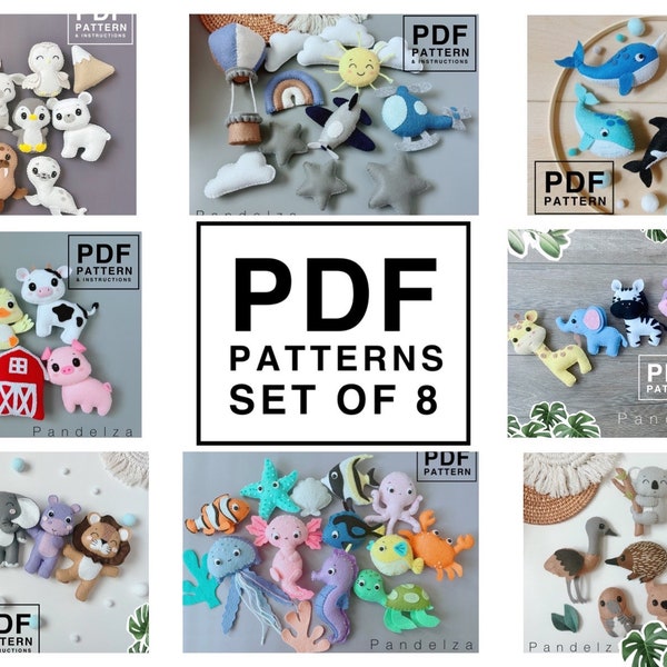 Felt sewing pattern animals set bundle. Easy hand sewing pattern. DIY toys/ baby mobile/ nursery/ ornament/ garland. Great DIY gift idea.