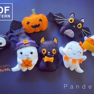 Halloween set of 7 PDF Pattern. DIY felt Halloween softy stuffed doll/ toy/ ornament. Easy pattern with tutorial step by step.