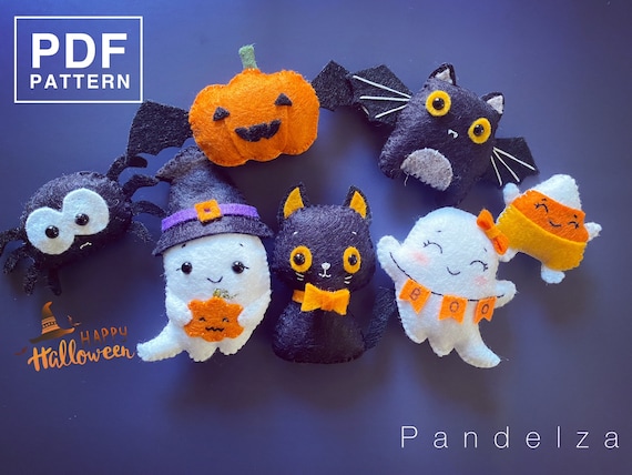 Halloween set of 7 PDF Pattern. DIY felt Halloween softy stuffed doll/ toy/ ornament. Easy pattern with tutorial step by step.