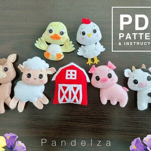 May include: A set of felt farm animal toys, including a brown horse, white sheep, pink pig, black and white cow, yellow duck, and white chicken. The toys are arranged in front of a red barn with white windows and a white door. The text "PDF PATTERN & INSTRUCTIONS" is in the upper right corner of the image. The text "Pandeliza" is at the bottom of the image.