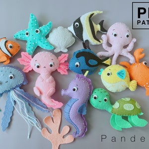 Sea animals PDF Pattern set of 12. DIY sea creatures softy toy/ ornament/ keychain/baby mobile/ nursery. Easy patterns and tutorial.