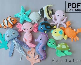 Sea animals PDF Pattern set of 12. DIY sea creatures softy toy/ ornament/ keychain/baby mobile/ nursery. Easy patterns and tutorial.