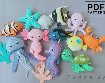 Sea Animals Felt PDF Pattern set of 12. Hand Sewing Patterns. Stuffed Animal Patterns. Cute Felt Plush. DIY Felt Toys/ Nursery Mobile...