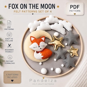 Könnte beinhalten: Ein digitales PDF-Schnittmuster-Set mit dem Titel Fox on the Moon für Filzarbeiten. Das Bild zeigt einen runden Holzrahmen mit einem Fuchs aus Filz in Orange und Weiß, der auf einem beigen Halbmond schläft, umgeben von weißen Wolken sowie goldenen und grauen Sternen.