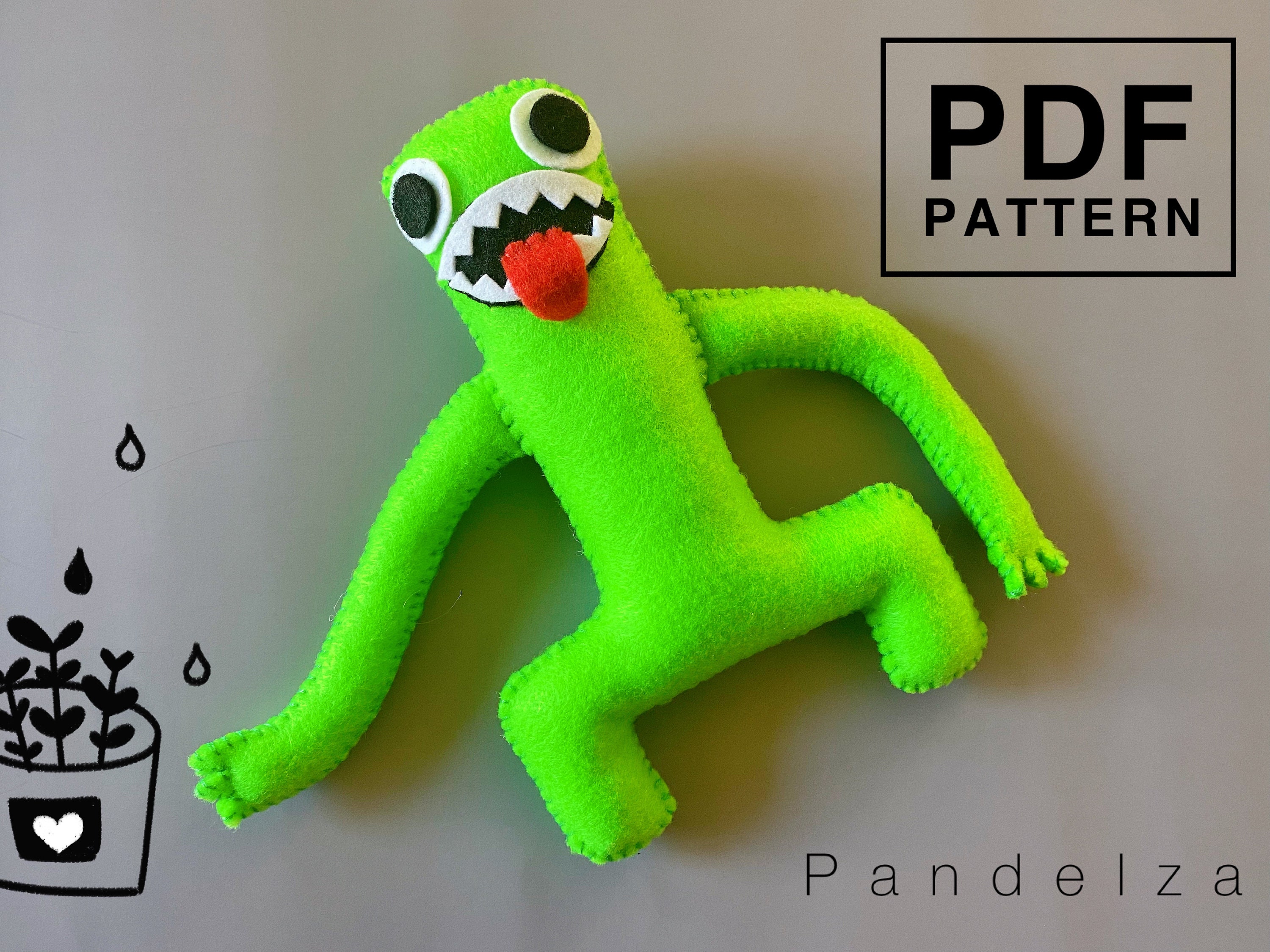 Rainbow friends Green felt PDF Pattern. DIY roblox softy toy. Easy hand  sewing pattern with tutorial step by step. Great DIY gift for kids.