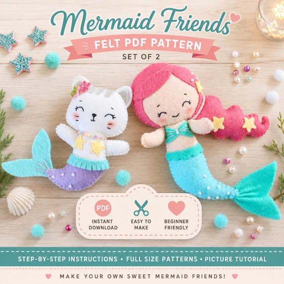 Mermaid Girl and Cat Felt Sewing Pattern (PDF). Sea animal patterns. Plush Templates. Doll Pattern. Stuffed Animal Pattern. DIY Felt Toys.