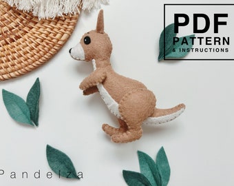 Kangaroo felt sewing PDF Pattern. DIY hand sewing kangaroo toy plush/ baby mobile/ decoration. Easy sewing pattern with instructions.