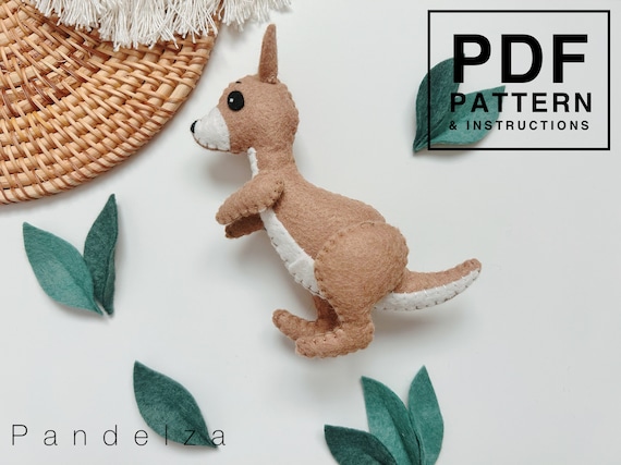 Kangaroo felt sewing PDF Pattern. DIY hand sewing kangaroo toy plush/ baby mobile/ decoration. Easy sewing pattern with instructions.
