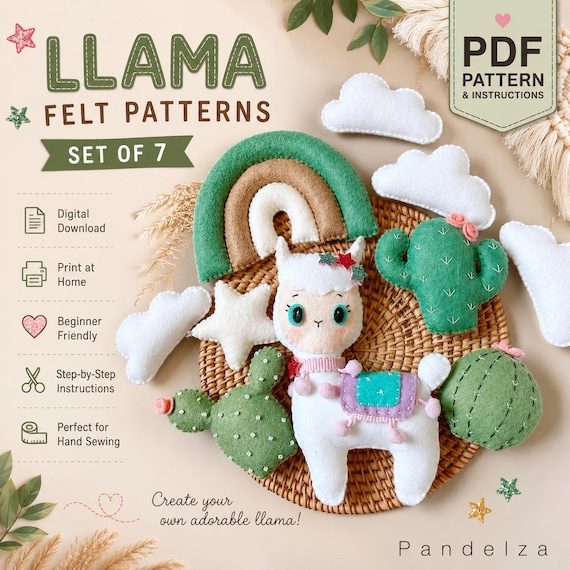 Llama felt PDF Pattern set of 7, Cactuses, Rainbow, Star, Cloud (Digital Download). DIY felt toys. Animal pattern. Felt pattern.