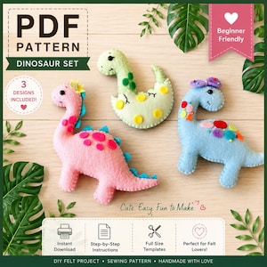 Dinosaurs felt sewing PDF Pattern and instructions set of 3. DIY felt toys, softy plush. Animal pattern. Dinosaur pattern. Easy pattern.