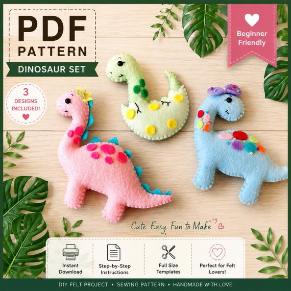 Dinosaurs felt sewing PDF Pattern and instructions set of 3. DIY felt toys, softy plush. Animal pattern. Dinosaur pattern. Easy pattern.