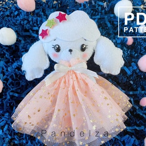 Poodle dog felt PDF pattern. Easy hand sewing pattern with tutorial step by step. DIY Poodle doll wearing party dress. image 2