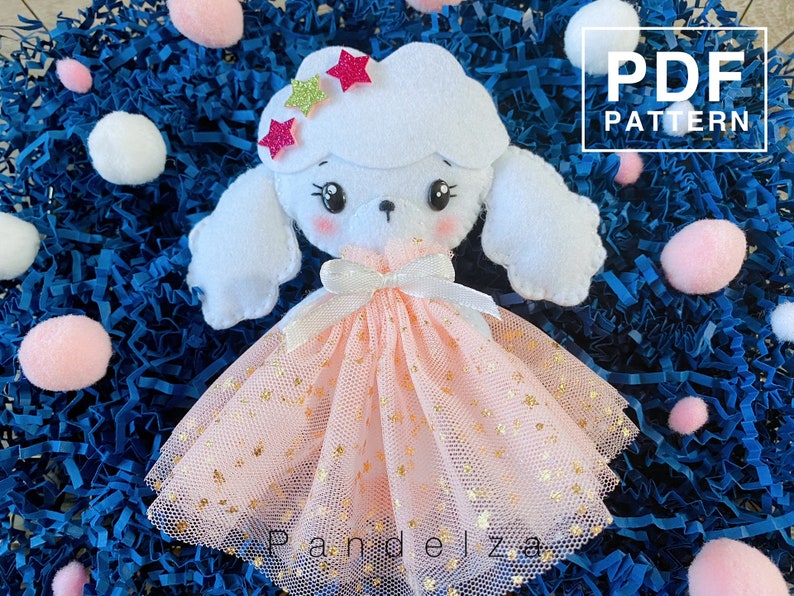 Poodle dog felt PDF pattern. Easy hand sewing pattern with tutorial step by step. DIY Poodle doll wearing party dress. image 2