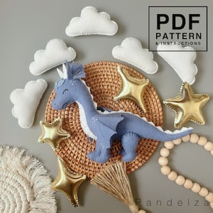 Dragon set felt PDF Pattern. Dragon, star, diamond, cloud. DIY animal felt toys, baby mobile, garland, nursery...Great DIY gift toy
