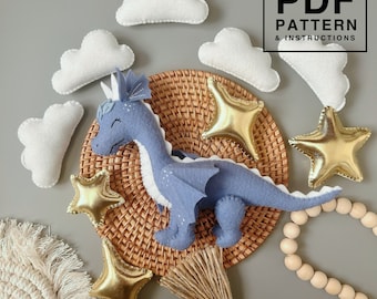 Dragon set felt PDF Pattern. Dragon, star, diamond, cloud. DIY animal felt toys, baby mobile, garland, nursery...Great DIY gift toy