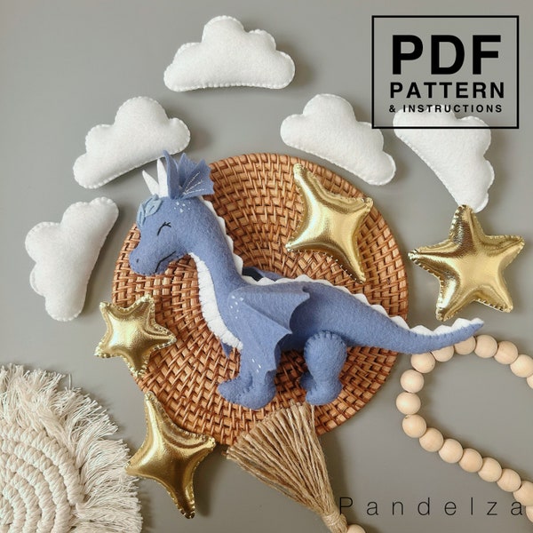 Patrón PDF de fieltro de conjunto de dragones. Dragón, estrella, diamante, nube. Juguetes de fieltro de animales DIY, móvil para bebé, guirnalda, guardería... Gran juguete de regalo DIY